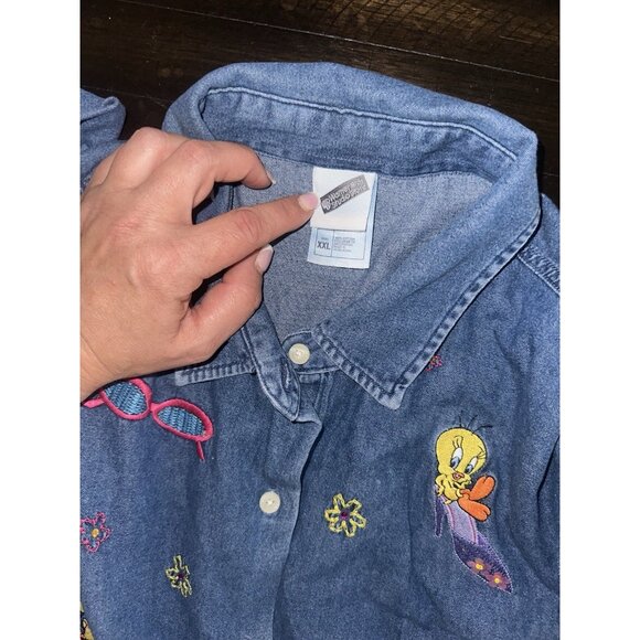 Vintage Warner Bros Studio Works Button Up Shirt Mens Xxl Denim Collared Blue - Picture 2 of 3